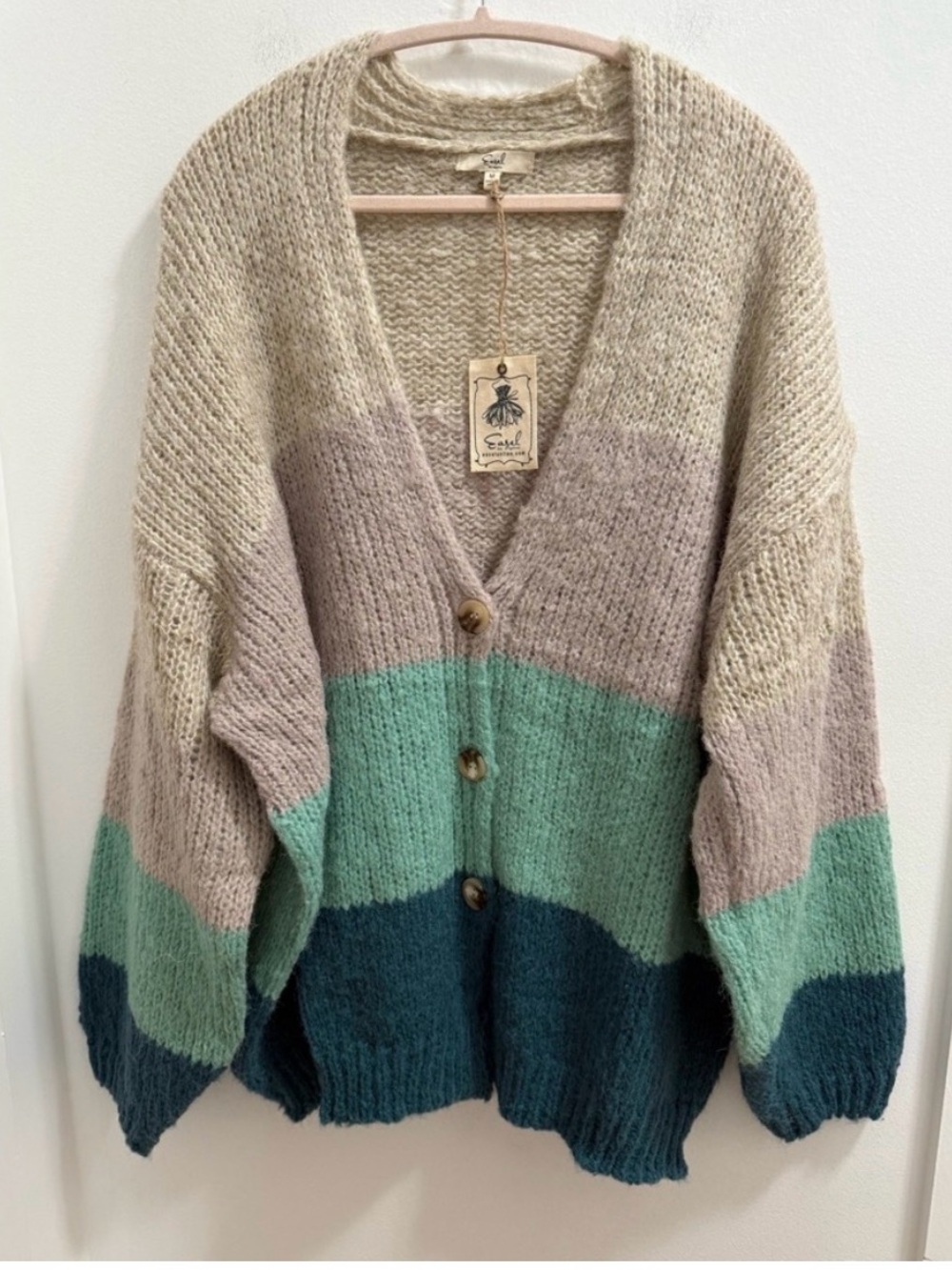 easel Beige Mauve Mint Teal Colorblock V-Neck Button Cardigan